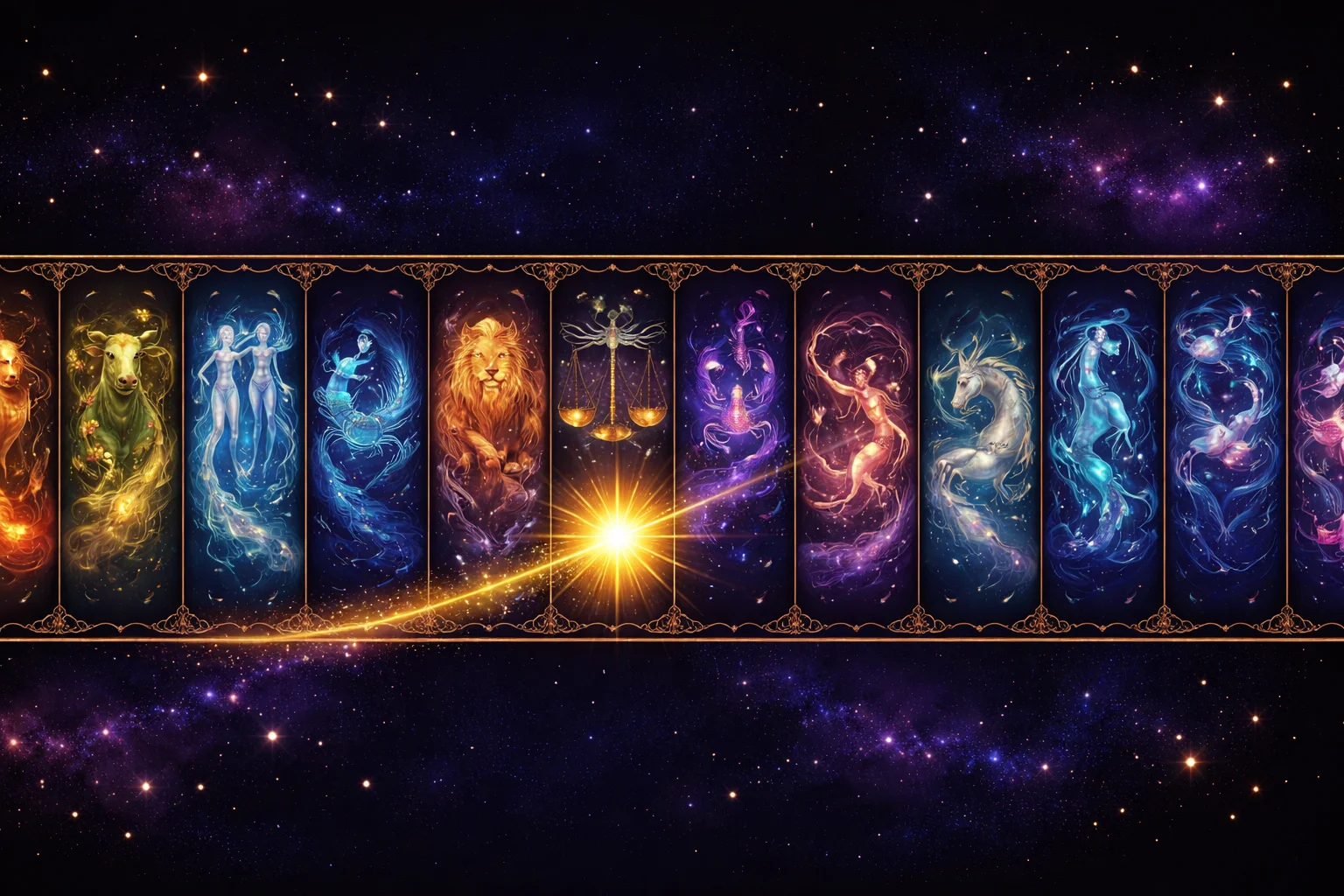Zodiac calendar band of twelve astrology signs as unequal element-coloured segments with gold marks at the sign dates
