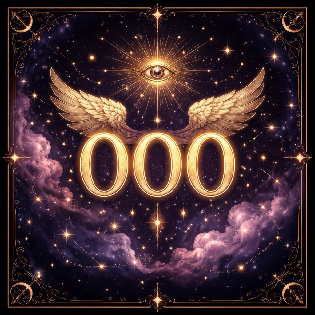 Angel number 000 card with three glowing cosmic portal rings and divine white light at the center representing infinite potential and the void before creation