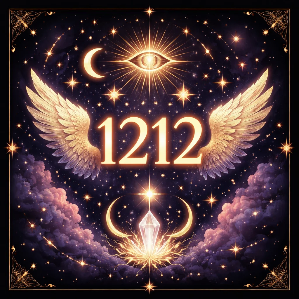 Angel number 1212 glowing card illustration with mirrored digits reflecting each other in violet and gold light, sacred geometry patterns forming an alignment gateway
