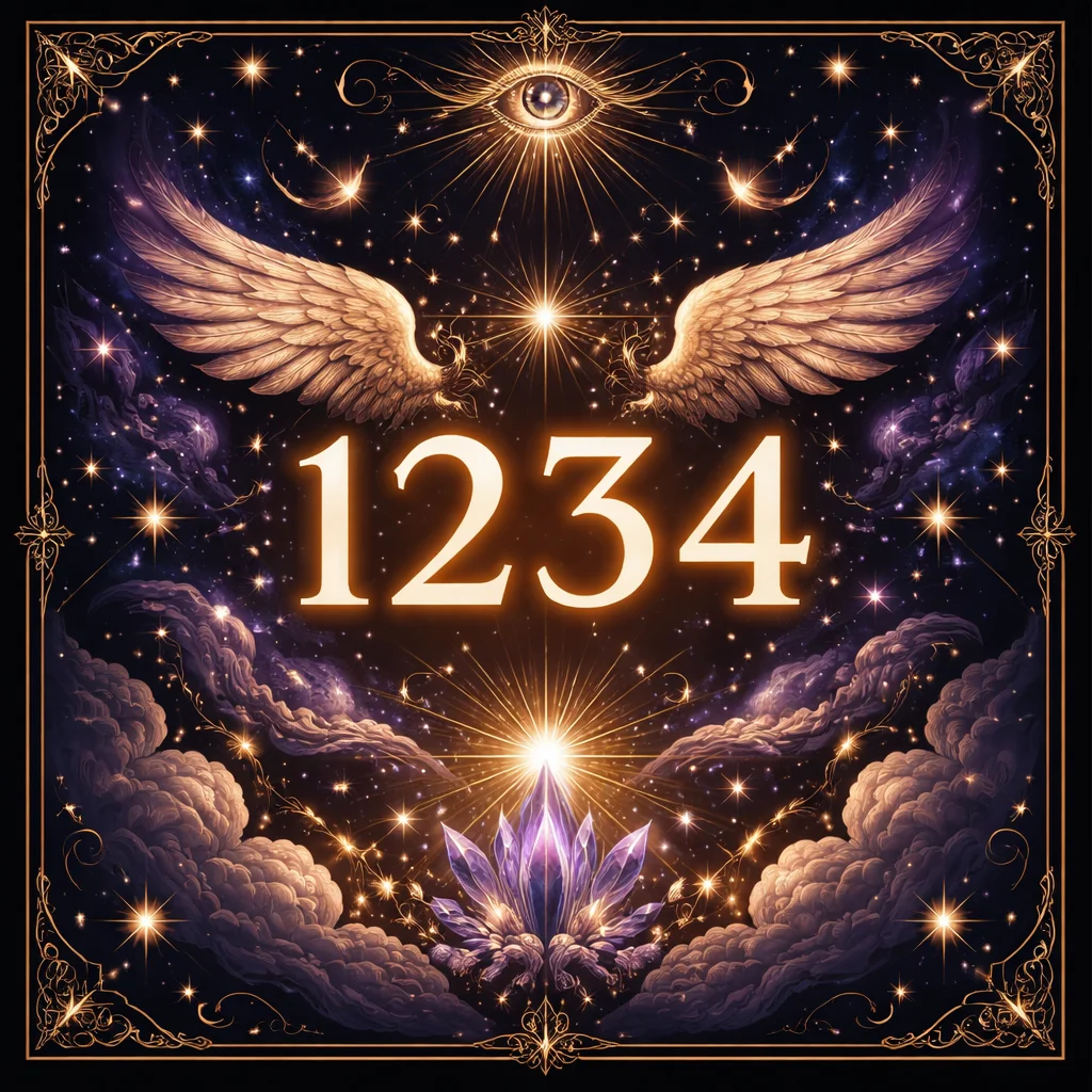 1234 angel number card with digits 1 2 3 4 ascending an emerald and gold staircase of light