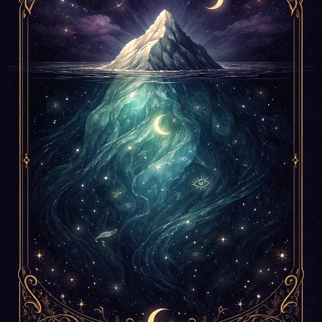 12th house iceberg card: a moonlit tip above dark water and a glowing submerged mass, the house of the subconscious