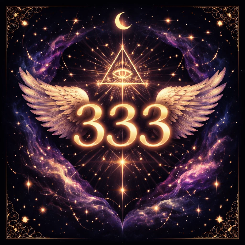 Angel number 333 glowing card illustration with violet and gold light symbolizing creativity and ascended master guidance