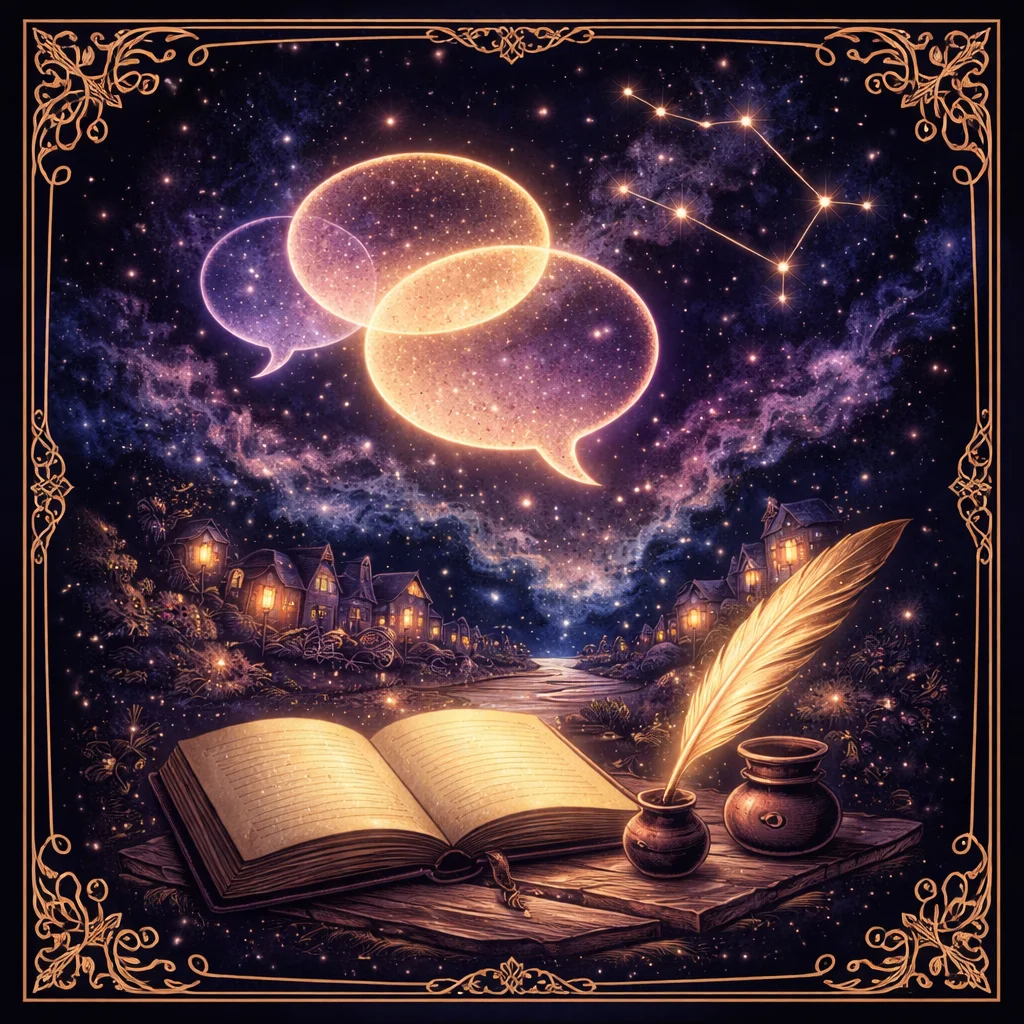 3rd house astrology card with speech bubbles, an open book, and a neighborhood street under the Gemini constellation