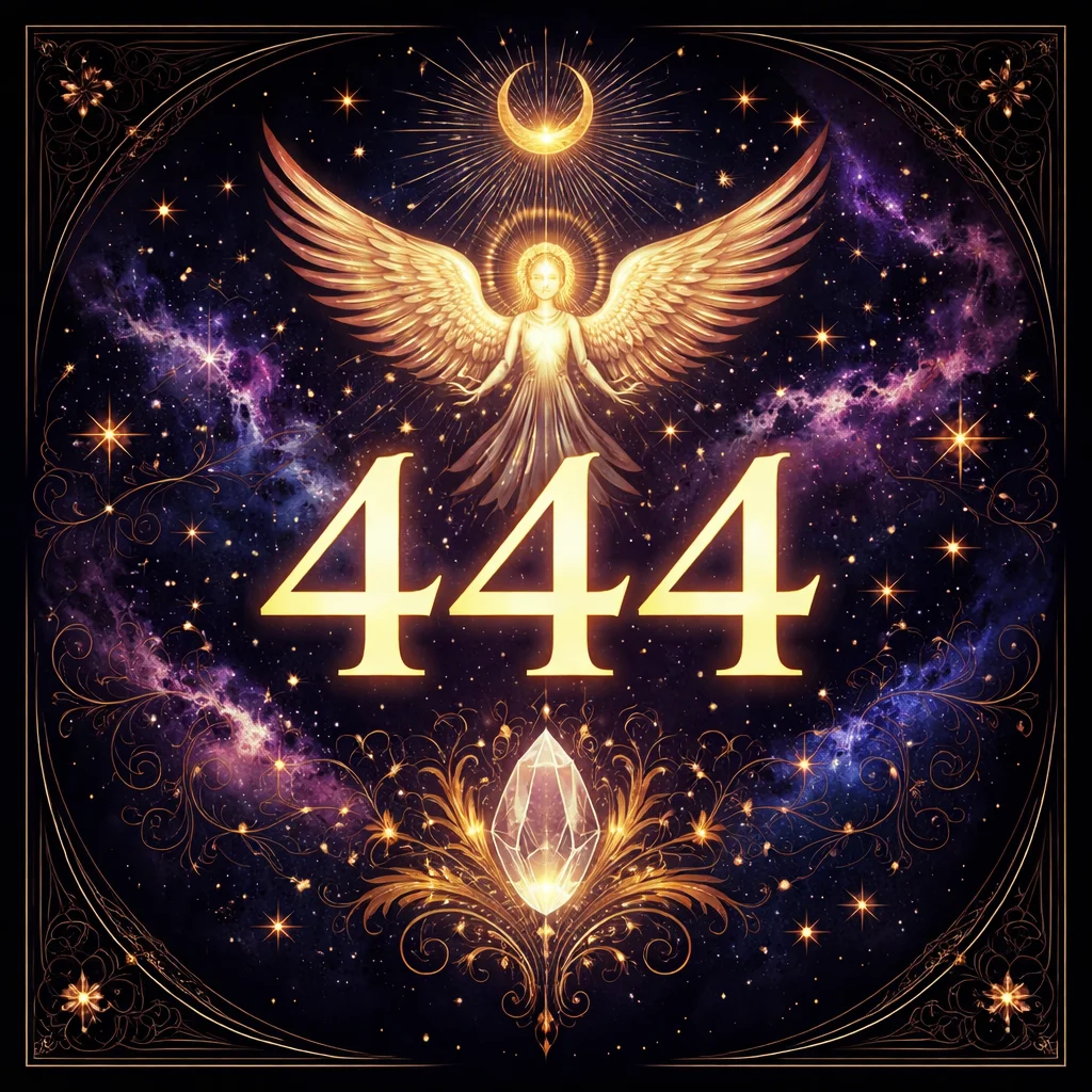 Angel number 444 glowing card illustration with guardian angels forming a protective circle around luminous white numbers against an indigo sky