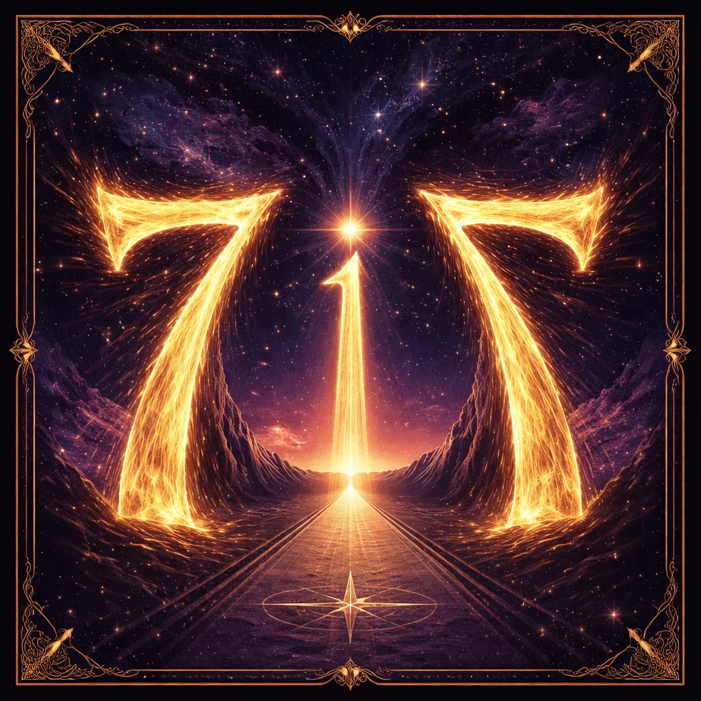 Angel number 717 card showing two golden sevens as mirrored gateways with a lit path between them