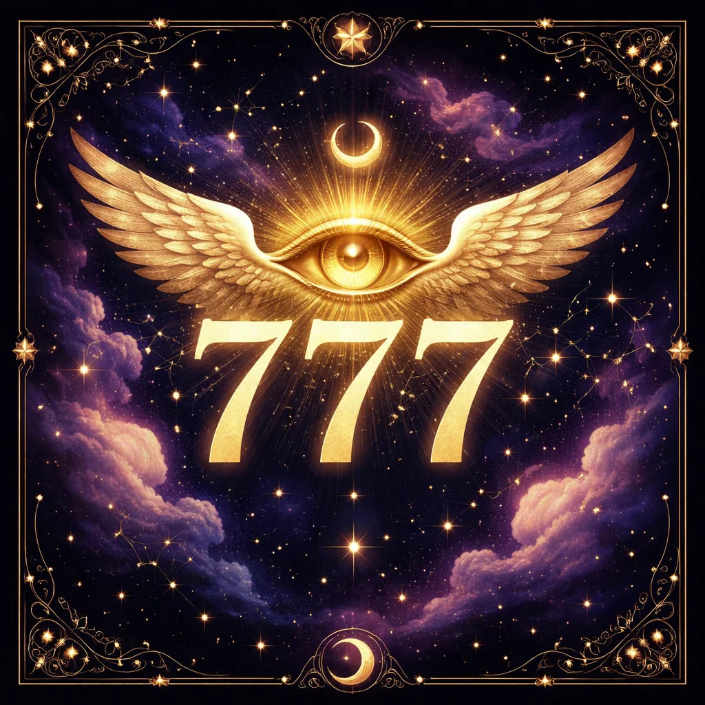Angel number 777 glowing card illustration with deep violet and silver light, seven-pointed stars orbiting the digits against a cosmic nebula background symbolizing divine wisdom and spiritual awakening