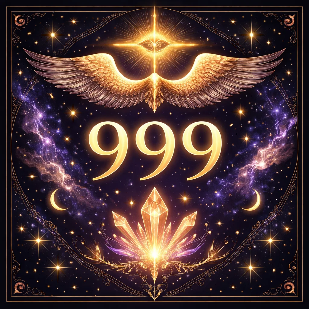 999 angel number completion cycle card with crimson and white light