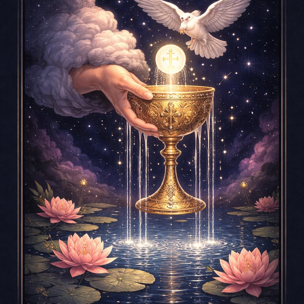 Ace of Cups tarot card: a hand from a cloud holds an overflowing golden chalice as a white dove descends over a lotus lake