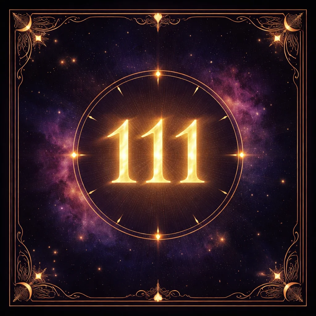 Angel number calculator card showing a repeating golden numeral ringed by ten digit marks with four dimmed