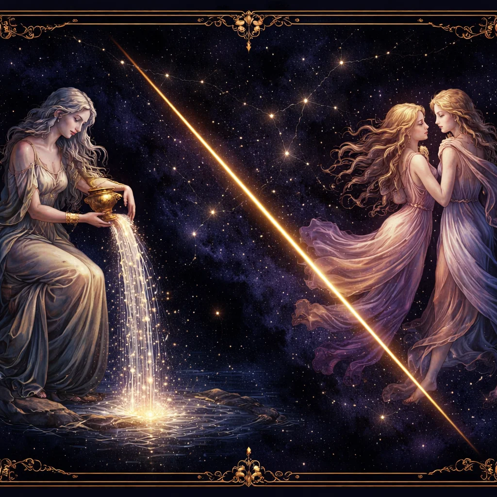 Aquarius and Gemini compatibility card showing the water bearer and the twins linked by a trine