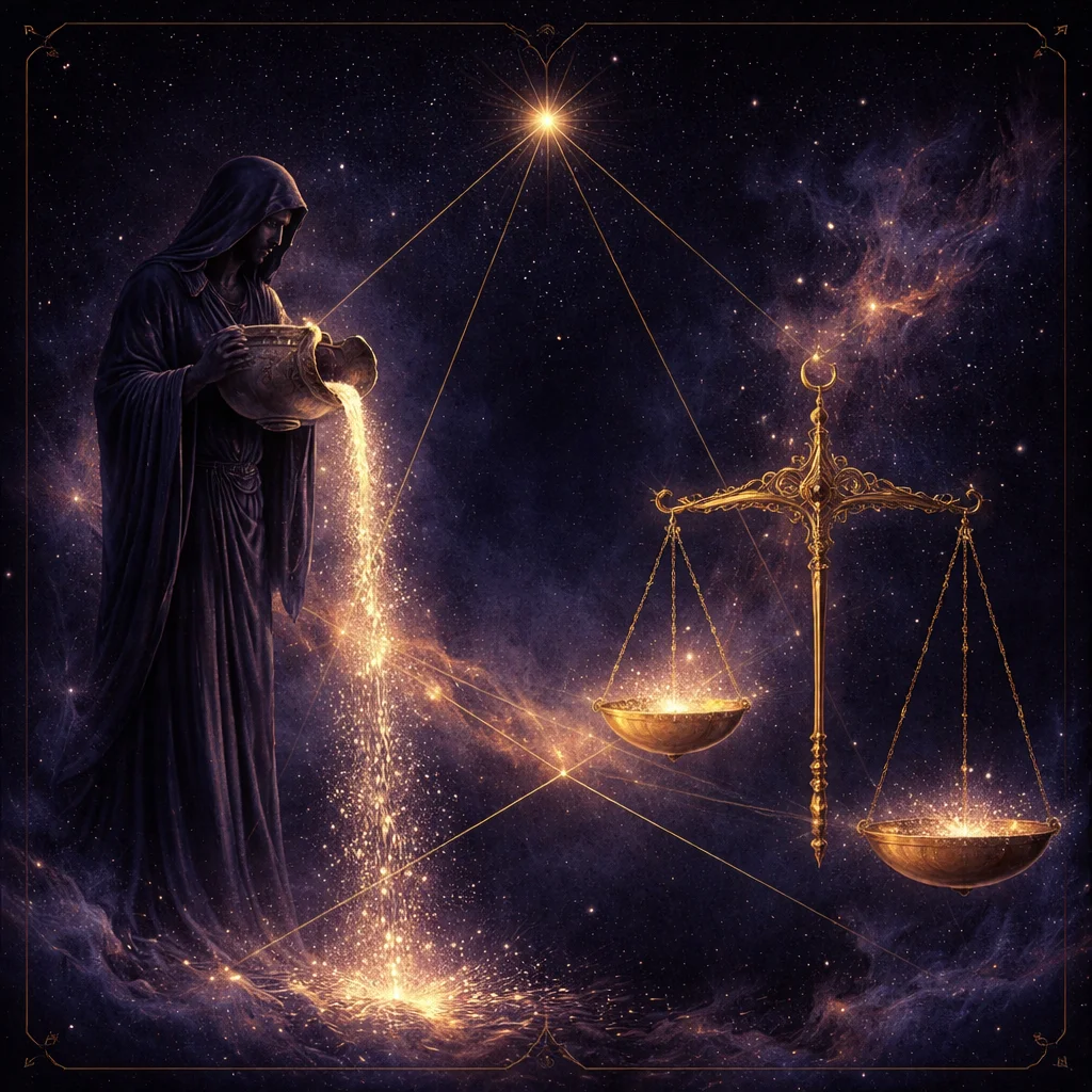 Aquarius and Libra compatibility card showing the water bearer pouring starlight into one pan of Libra's golden scales