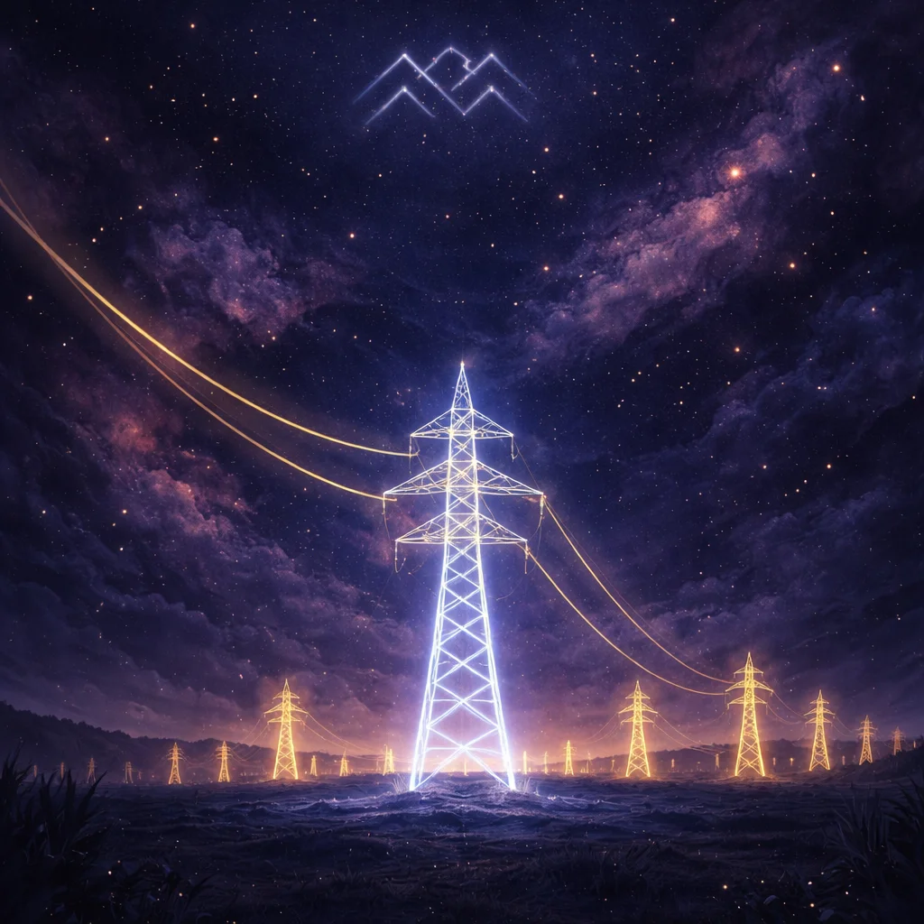 Aquarius love horoscope card showing a night-time power grid with one distant pylon burning blue-white