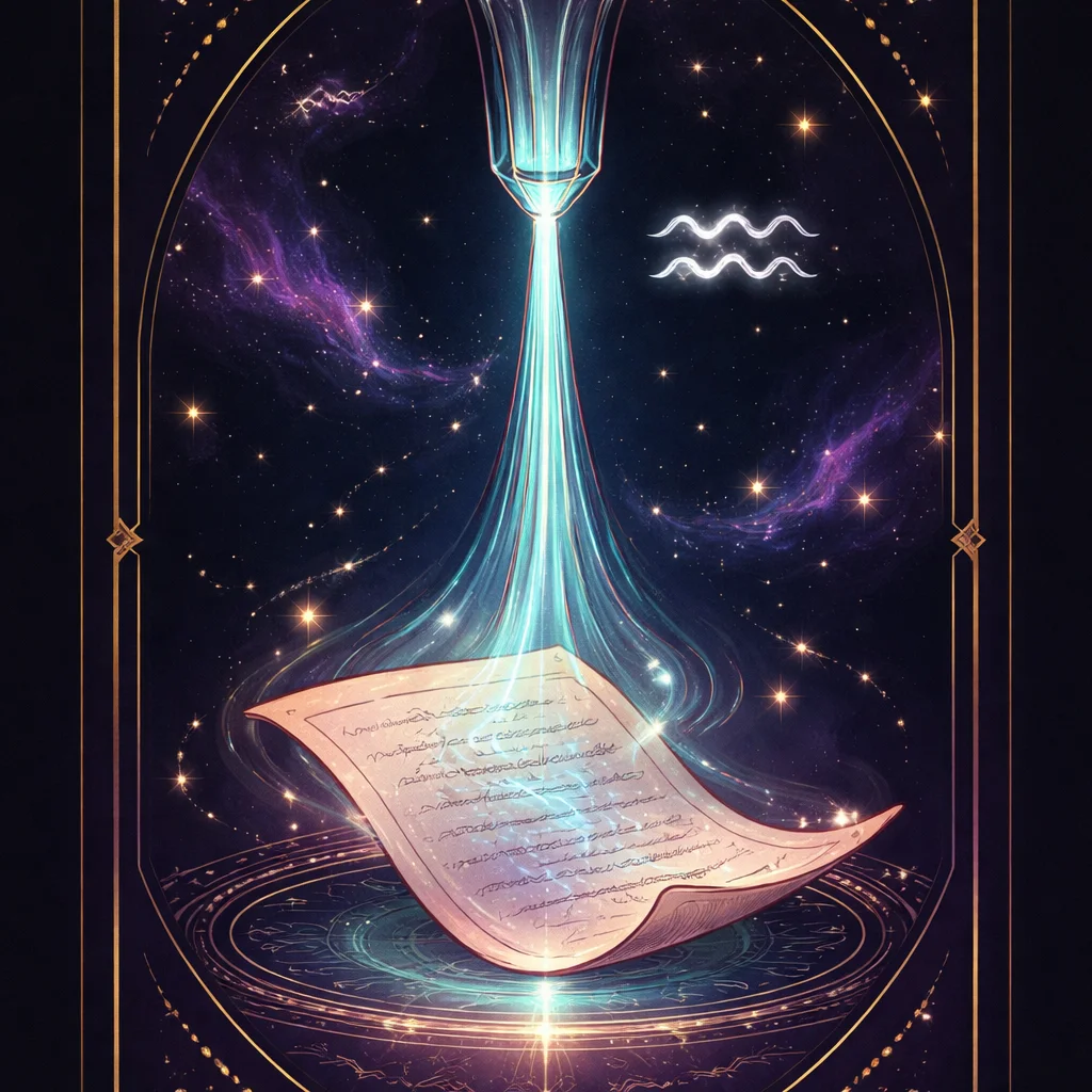 Aquarius woman card: a glass vessel pouring light over a document whose printed lines rewrite themselves