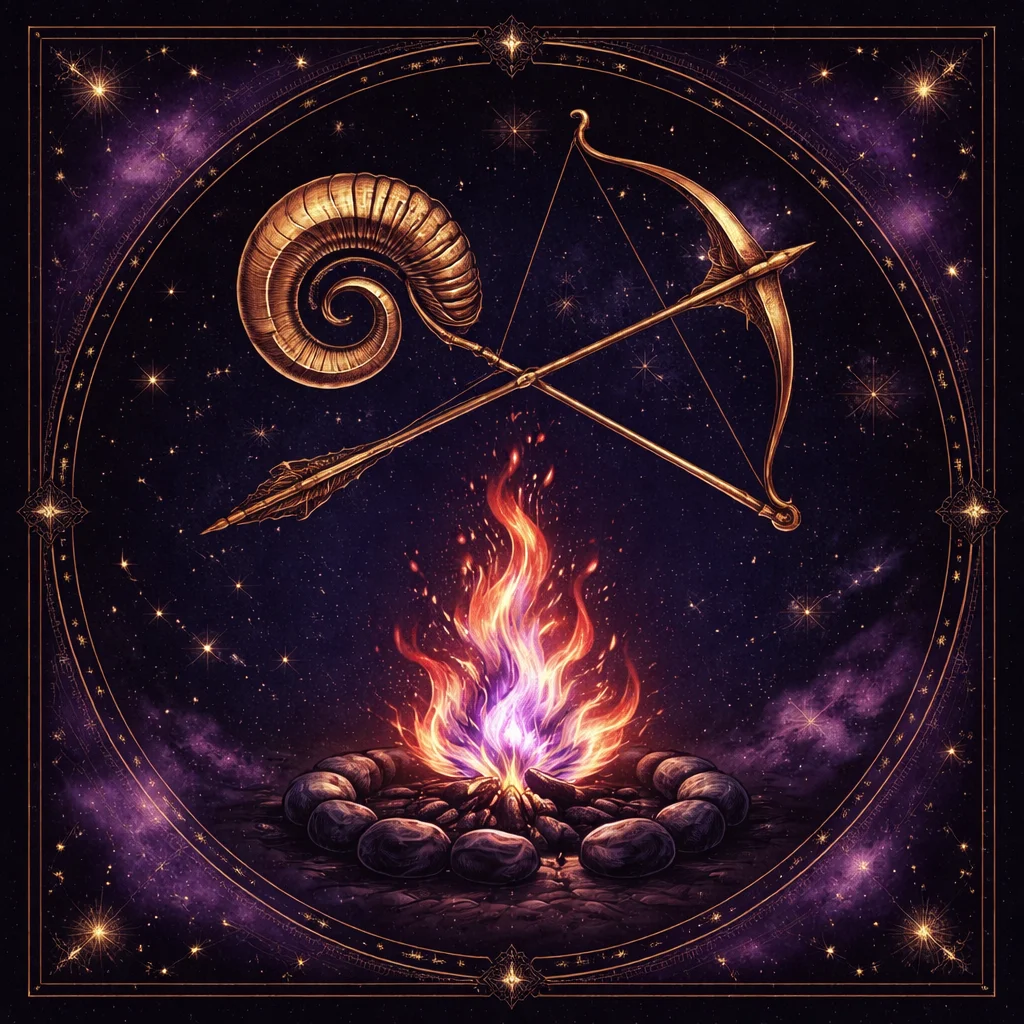 Aries and Sagittarius compatibility card with a ram horn and archer bow crossed above a fire in a ring of stones