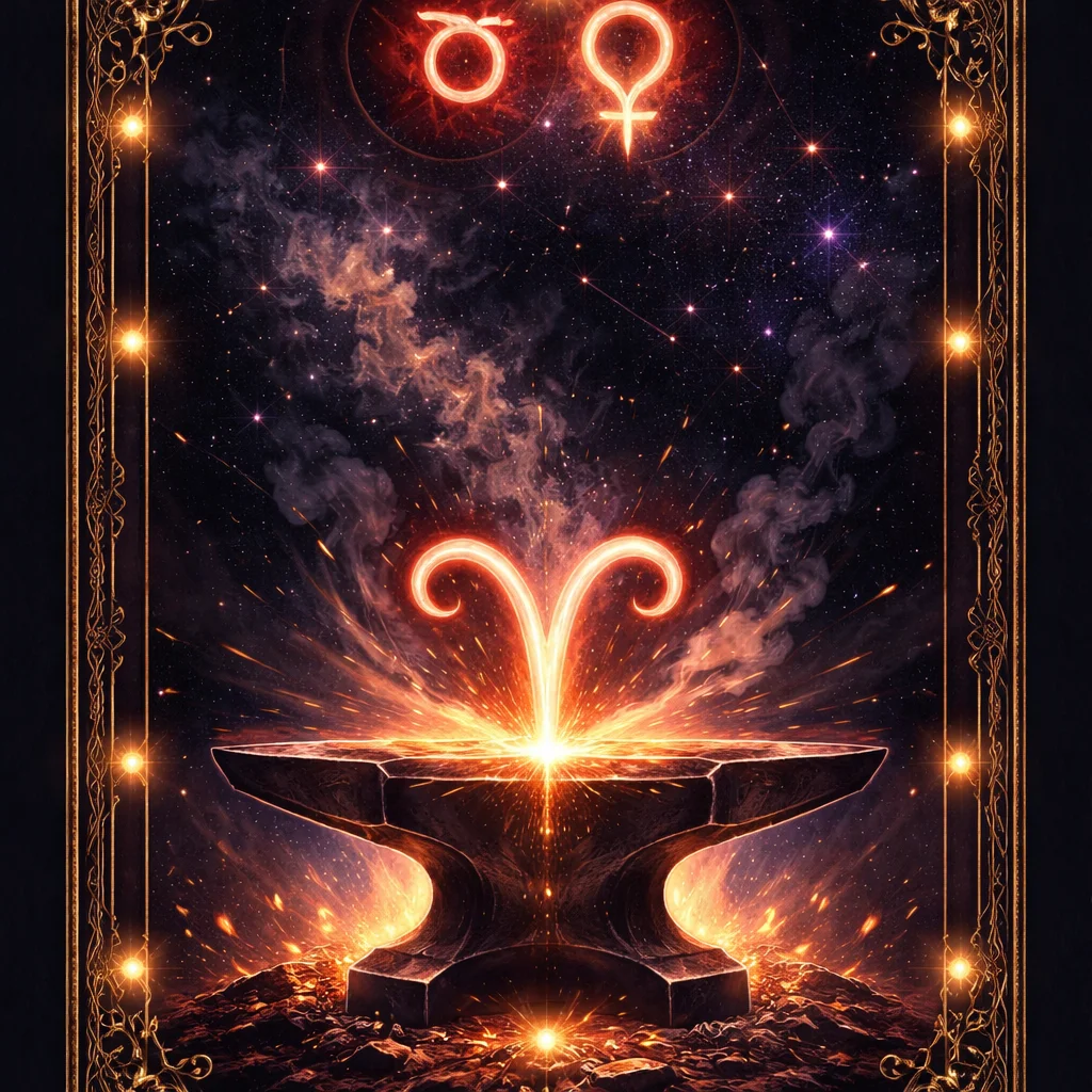 Aries love horoscope card showing a ram's horn glyph struck into a glowing anvil beneath red Mars