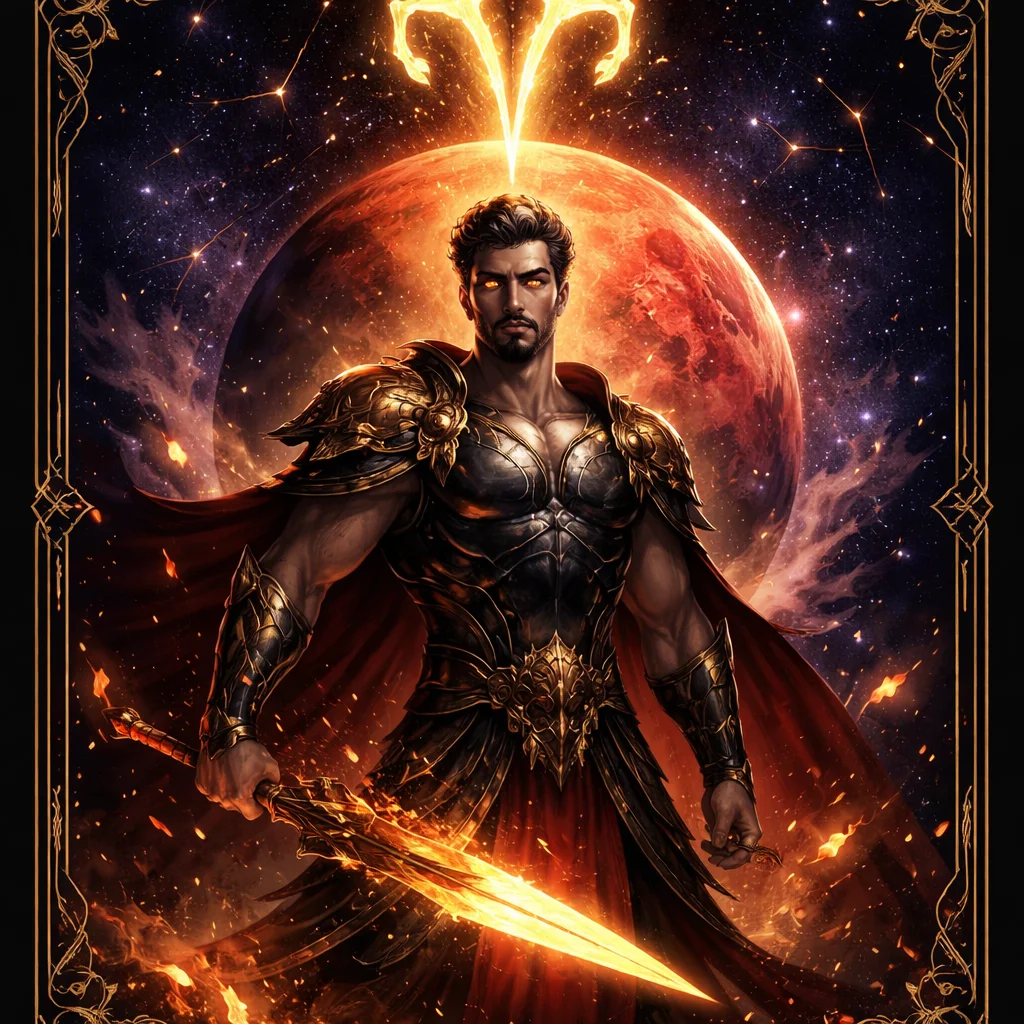 Aries man card illustration: a bold figure with the Aries ram glyph, embers rising and Mars glowing red above