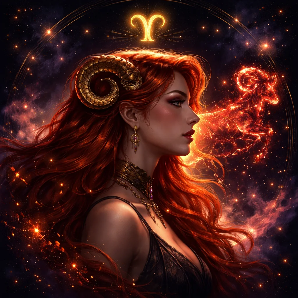 Aries woman card illustration with a flame-haired figure, the Aries ram glyph and a burning red constellation