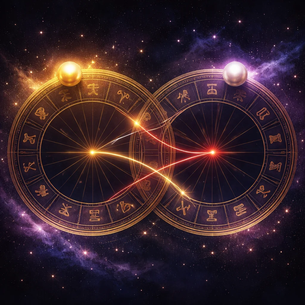 Astrology compatibility card showing two zodiac chart wheels linked by golden and red aspect lines