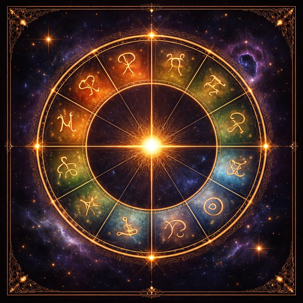 Astrology signs and dates card — golden zodiac wheel with element-coloured segments and a sun crossing a boundary