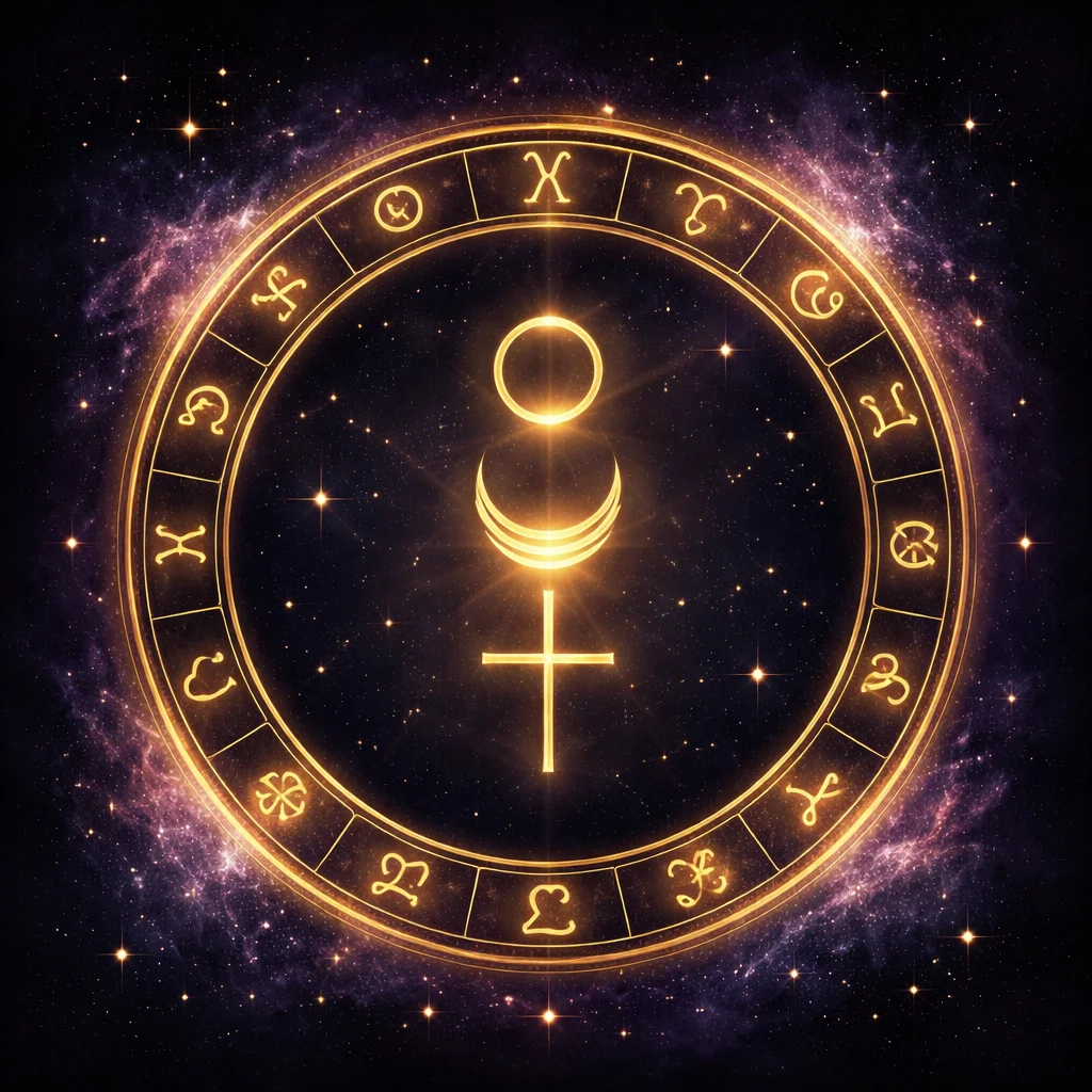 Astrology symbols card with the twelve zodiac glyphs ringing a circle of spirit, soul, and matter shapes