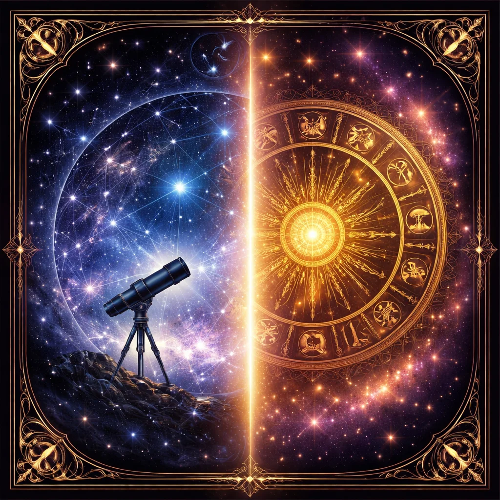Astronomy vs astrology card split between a silver telescope star map and a golden zodiac wheel