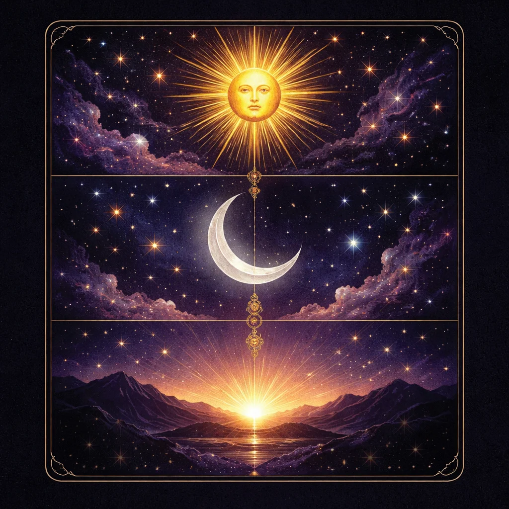 Sun moon rising calculator card showing a golden sun, silver crescent moon, and dawn horizon as three layers of the Big Three