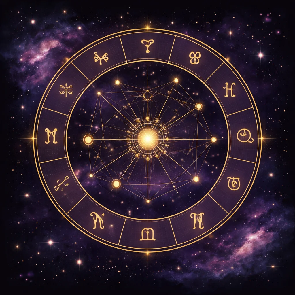 Natal birth chart wheel illustration with zodiac signs and planetary positions in gold