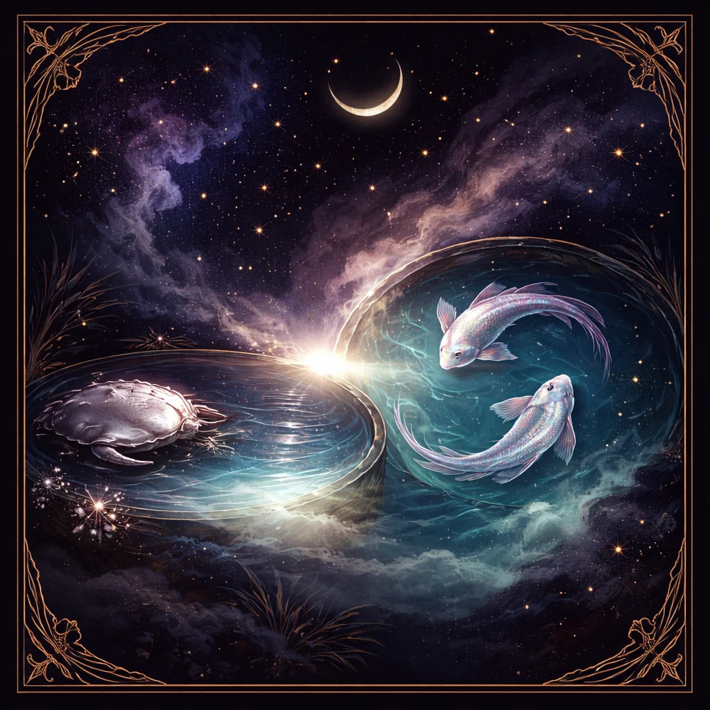 Cancer and Pisces compatibility card with a silver crab shell and two pale fish in overlapping moonlit water