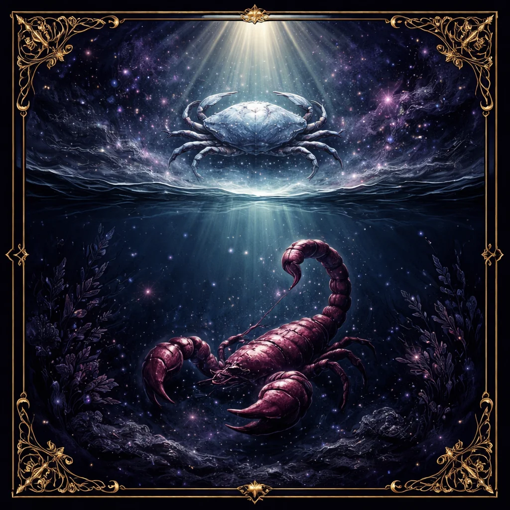 Cancer and Scorpio compatibility card with a silver crab and a garnet scorpion in deep moonlit water