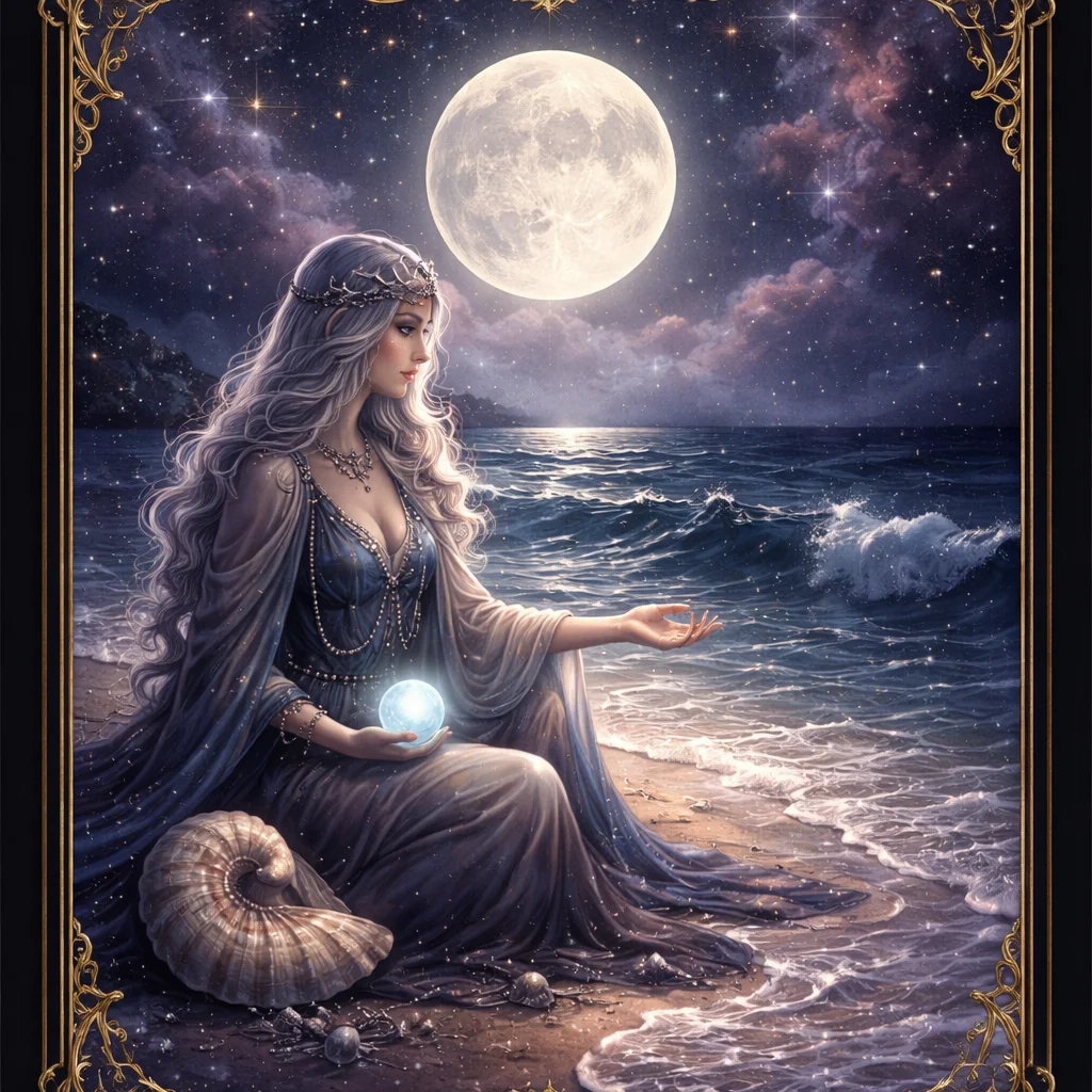 Cancer woman card: a robed figure at the tide line holding an open hand out to the incoming water under a full moon