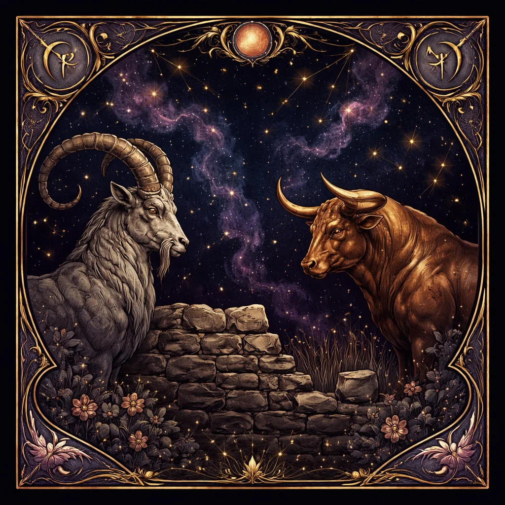 Capricorn and Taurus compatibility card with a stone goat and a bronze bull beside a half built wall