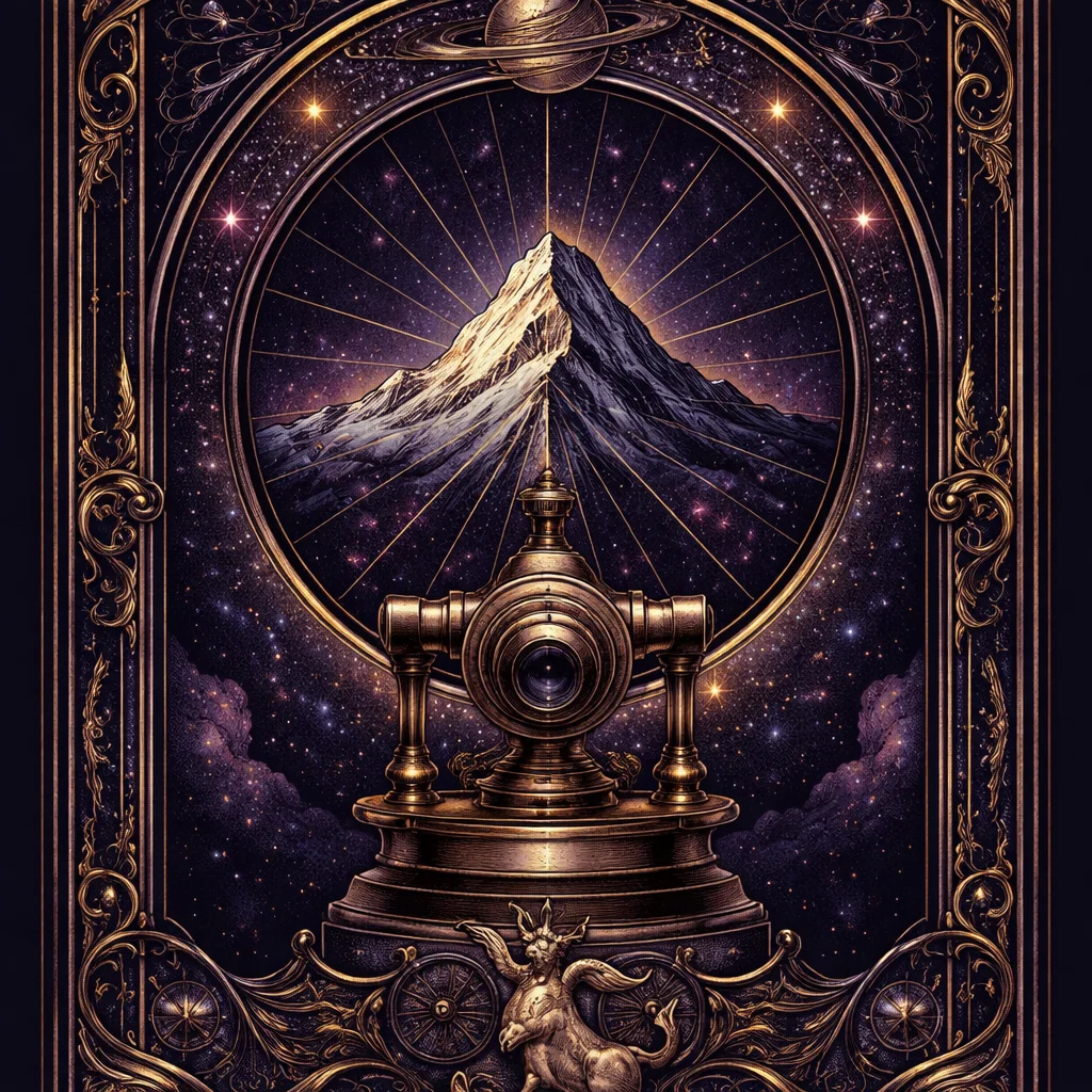 Capricorn love horoscope card showing a surveyor's sight splitting one peak into twelve graduations