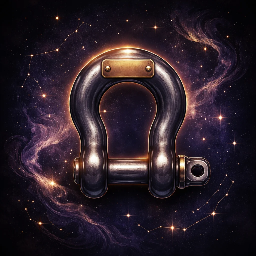 Capricorn man card: a stamped steel shackle and chain with a load-rating plate against a dark slate background