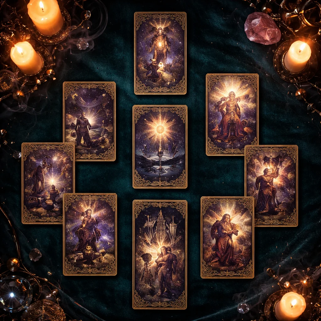 Illustrated Celtic Cross tarot spread of ten cards arranged on emerald velvet by candlelight