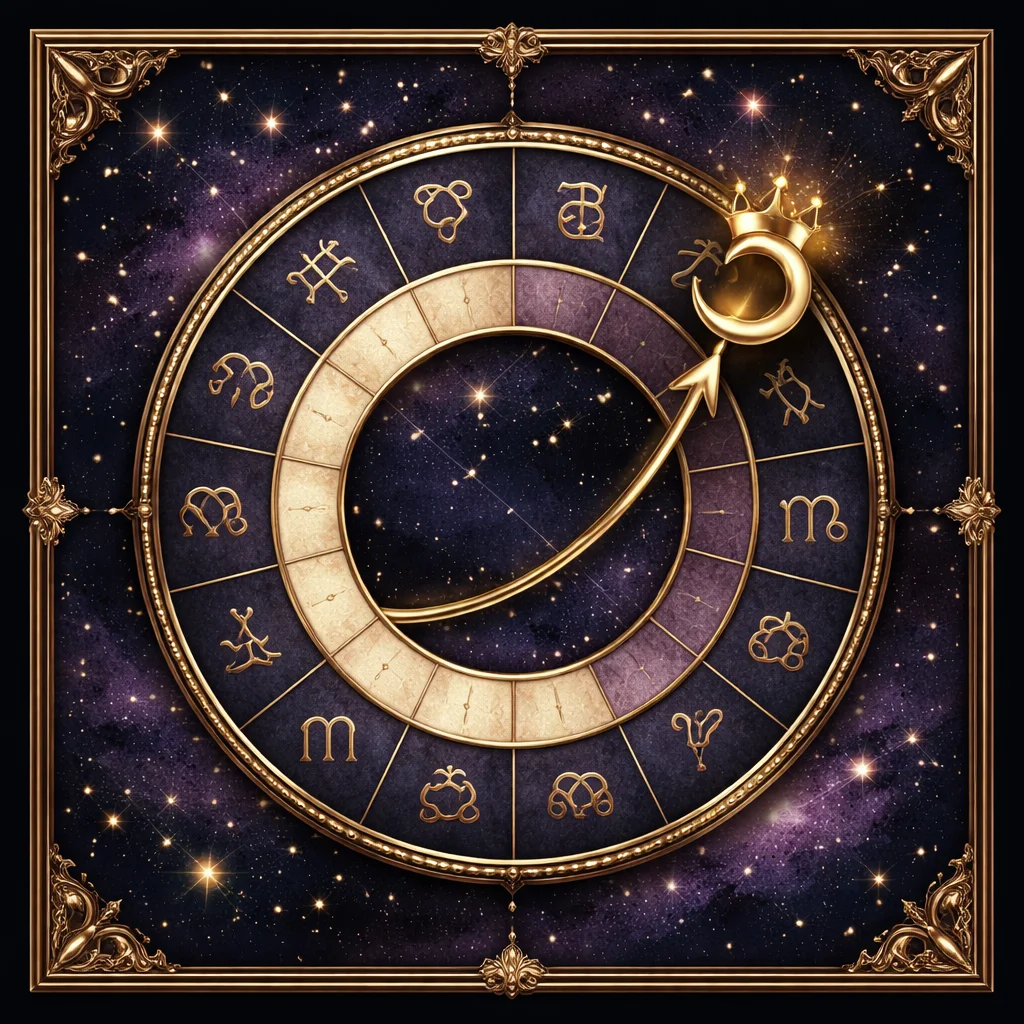 Chart ruler calculator card: a zodiac ring with one gold planetary glyph raised on the ascendant