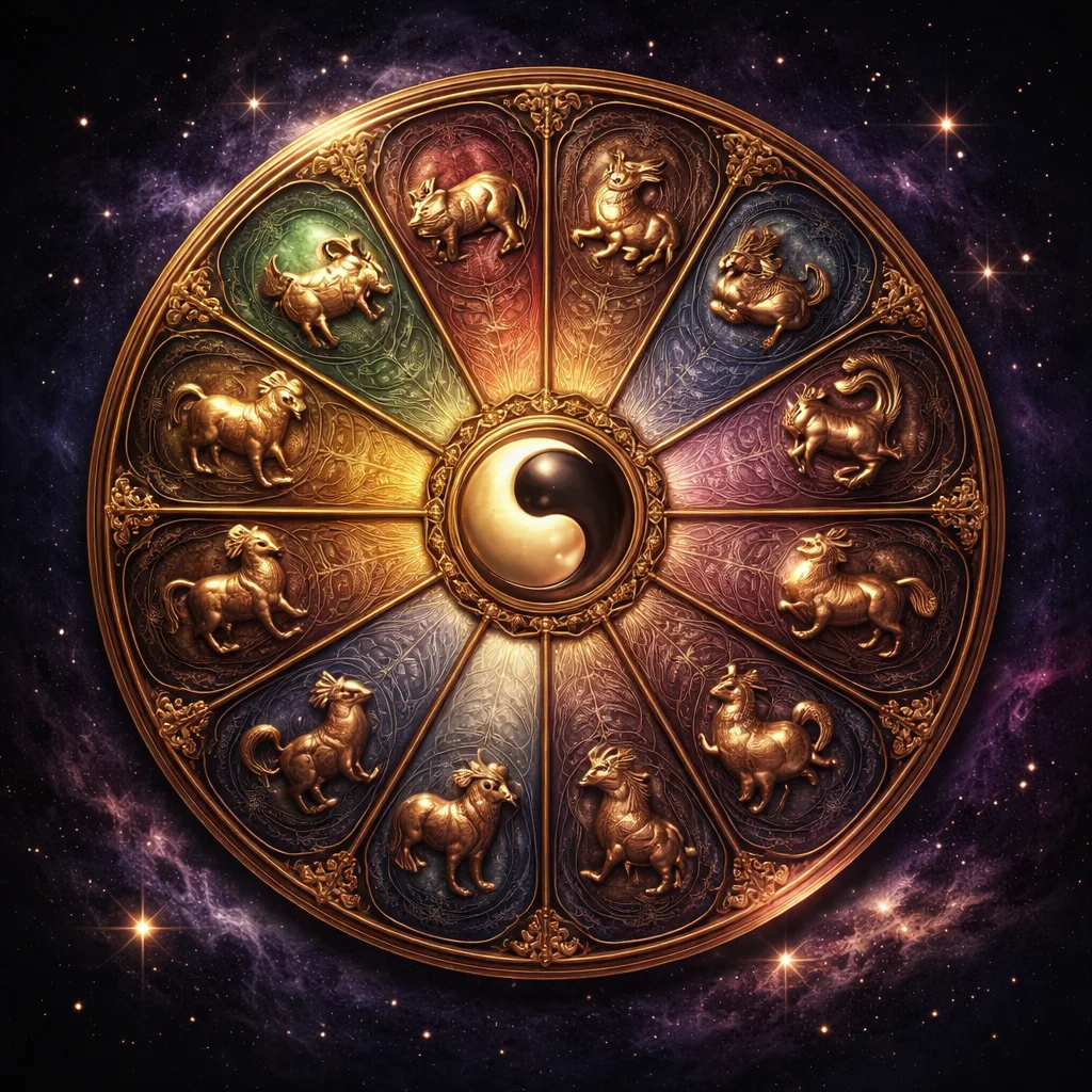 Chinese astrology guide card showing a bronze zodiac dial with twelve animal sectors tinted in the five element colours