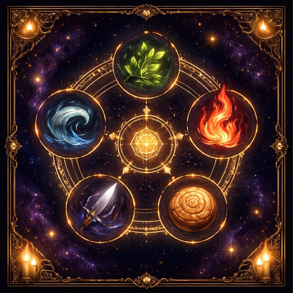 Chinese element calculator card with the five wu xing elements around a sexagenary cycle disc