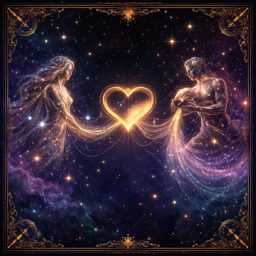 Zodiac compatibility quiz card showing two zodiac symbols joined by a glowing gold heart meter