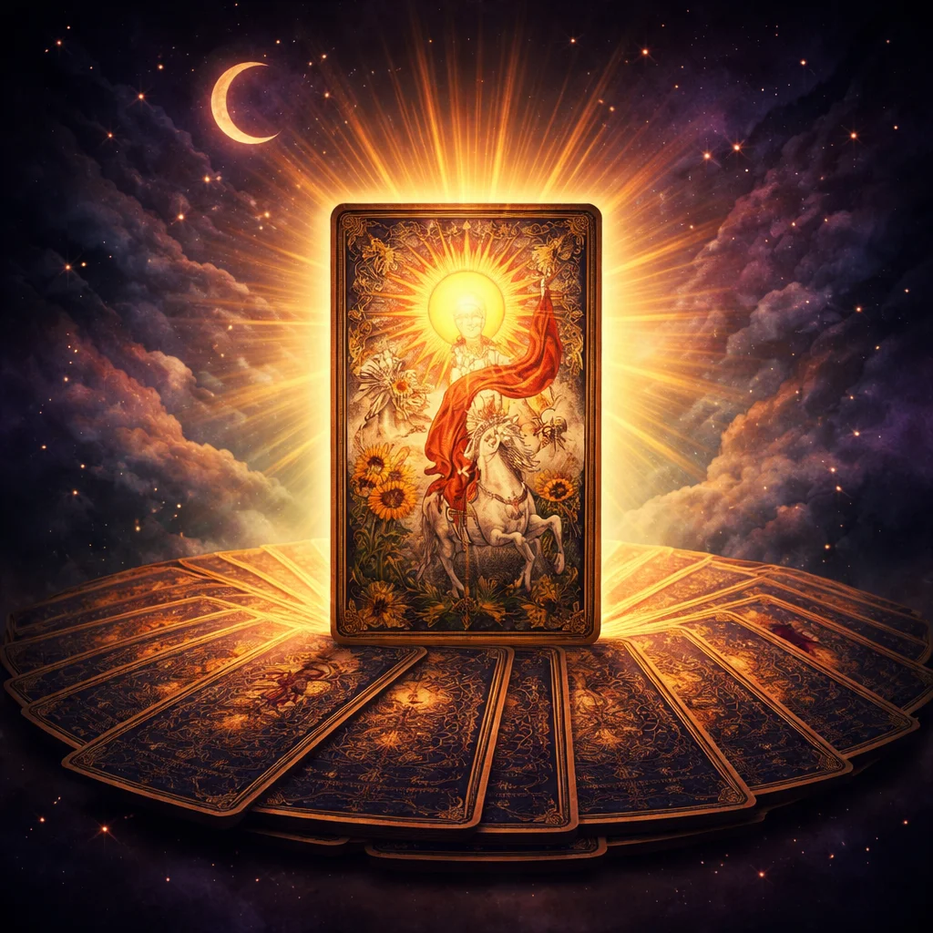 Daily tarot card of the day illustration rising from a deck at sunrise with gold light