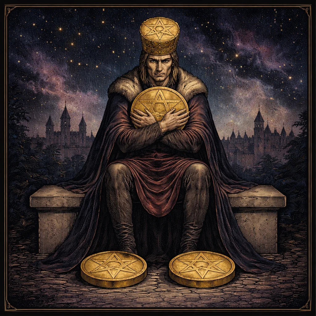 Four of Pentacles tarot card: a crowned figure clutching one coin to his chest with one on his crown and two under his feet, shown upright