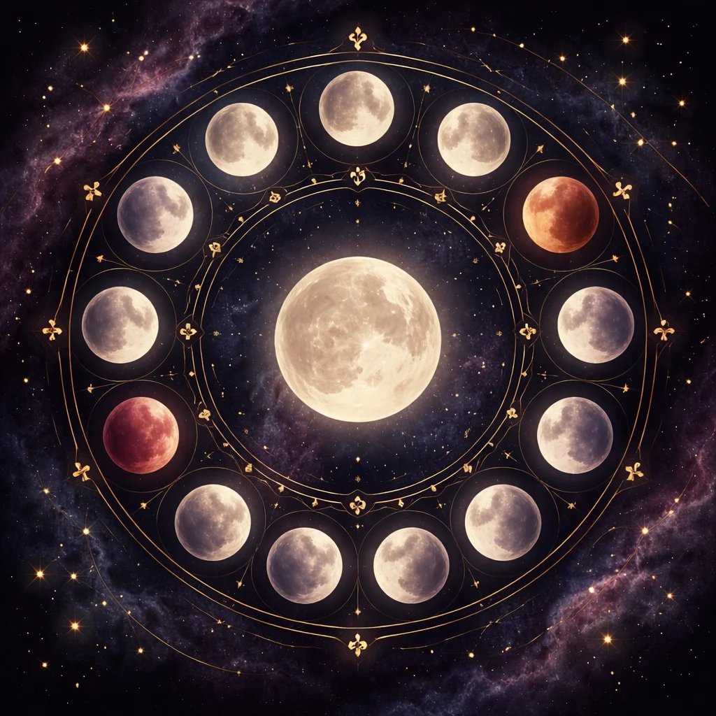Full moon calendar 2026 illustration with the year's full moons arranged around a glowing silver moon