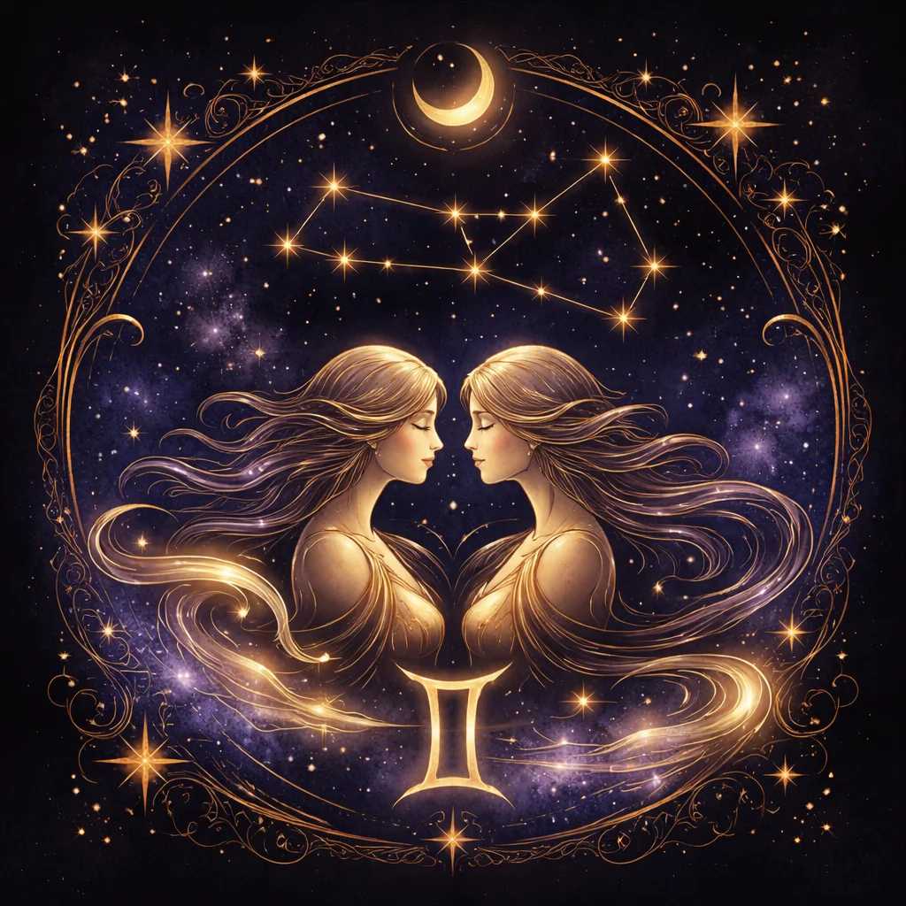 Gemini horoscope today card illustration with twin figures and mercury swirl energy
