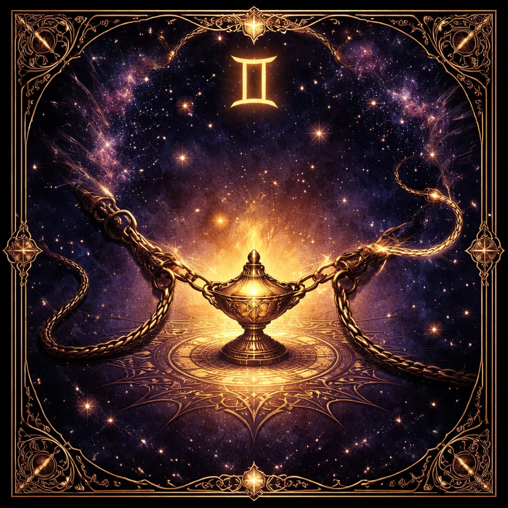 Gemini love horoscope card showing twin brass cables tethered to a central lamp beside one running free