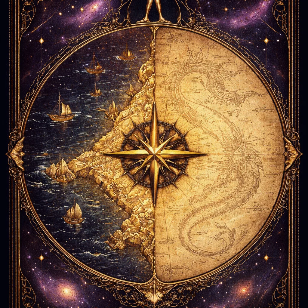 Gemini man card: an antique chart half surveyed in gold ink, half blank parchment, twin silhouettes forming the Gemini glyph