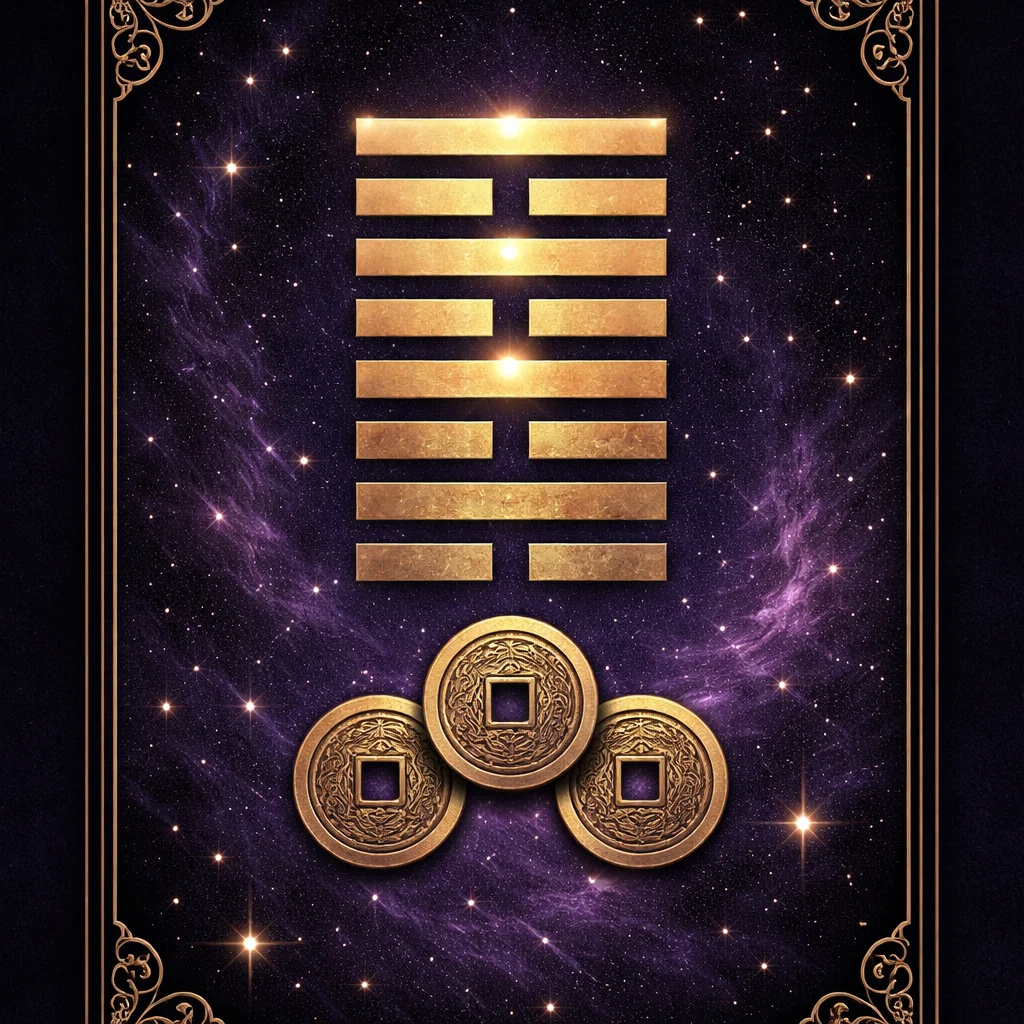 I Ching reading card showing a six-line gold hexagram above three bronze coins on dark indigo