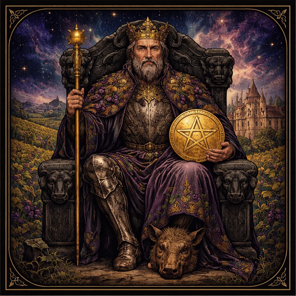 King of Pentacles tarot card: a crowned king on a bull-carved throne holding a gold pentacle in a lush vineyard