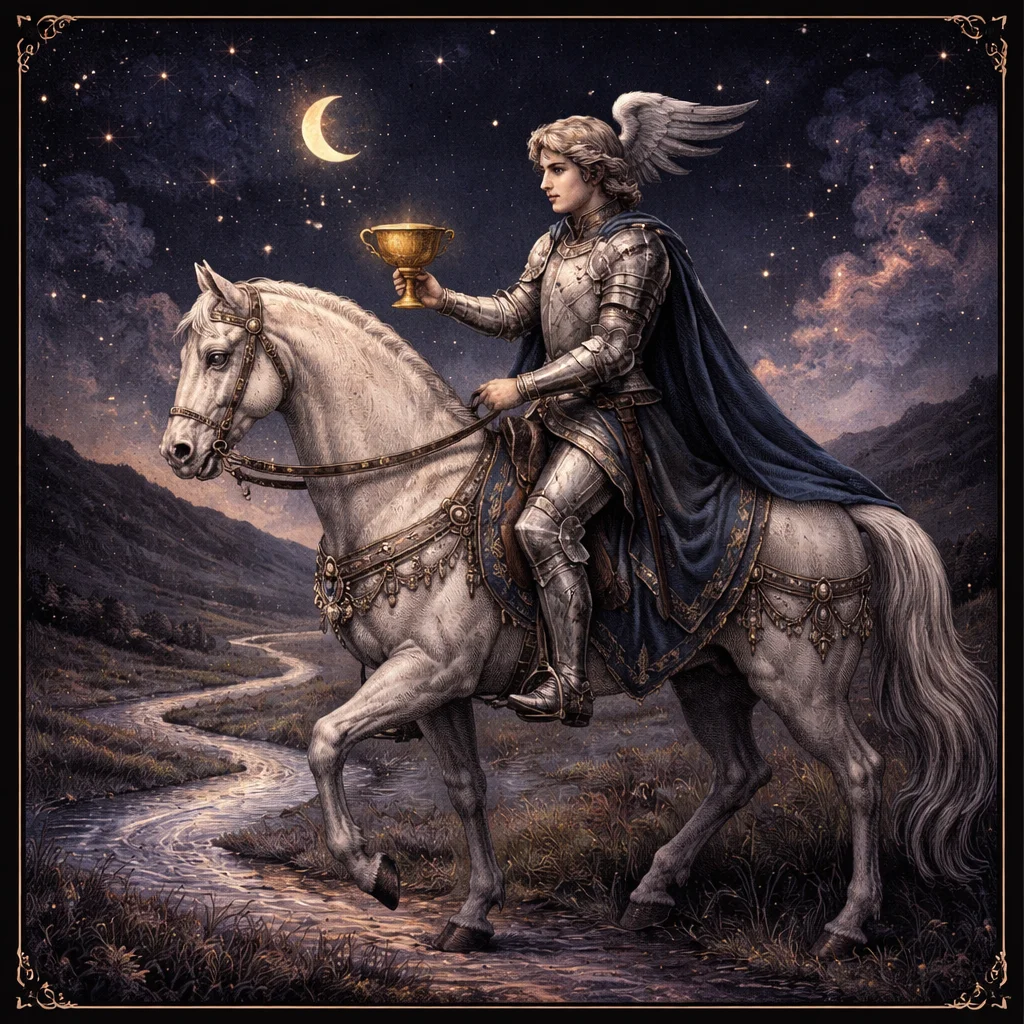 Knight of Cups tarot card: a winged knight on a walking white horse holding a golden cup forward beside a river, shown upright