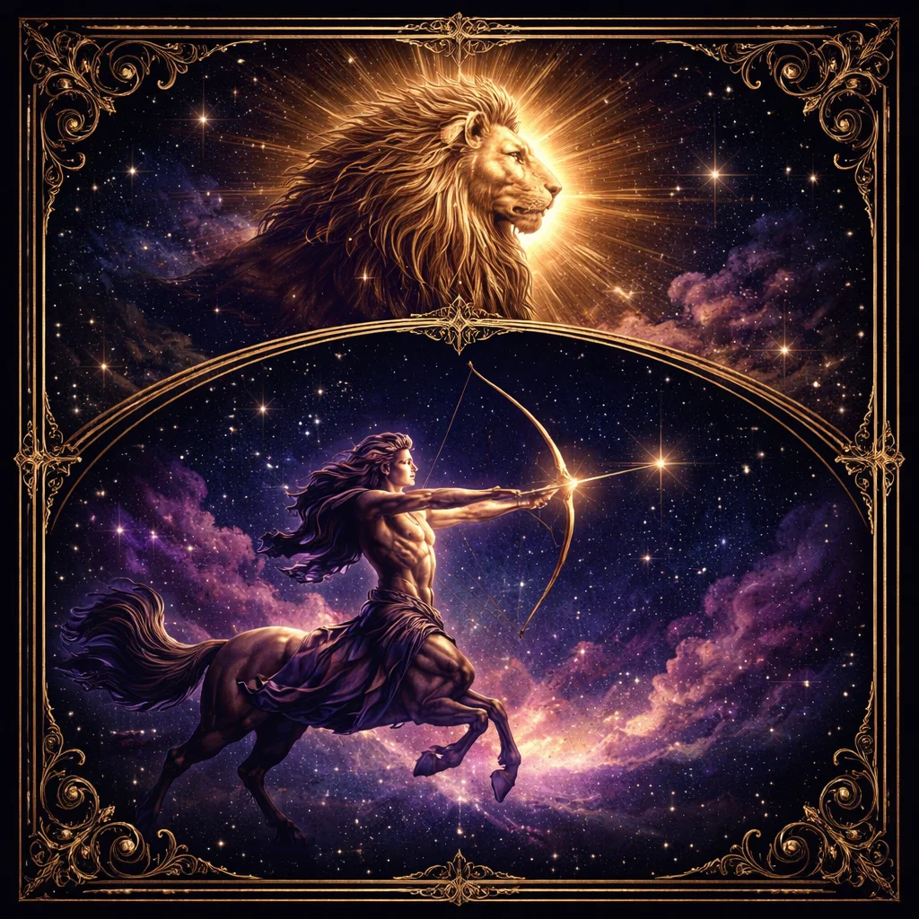 Leo and Sagittarius compatibility card showing a lion beneath a low sun and an archer aiming at a far horizon