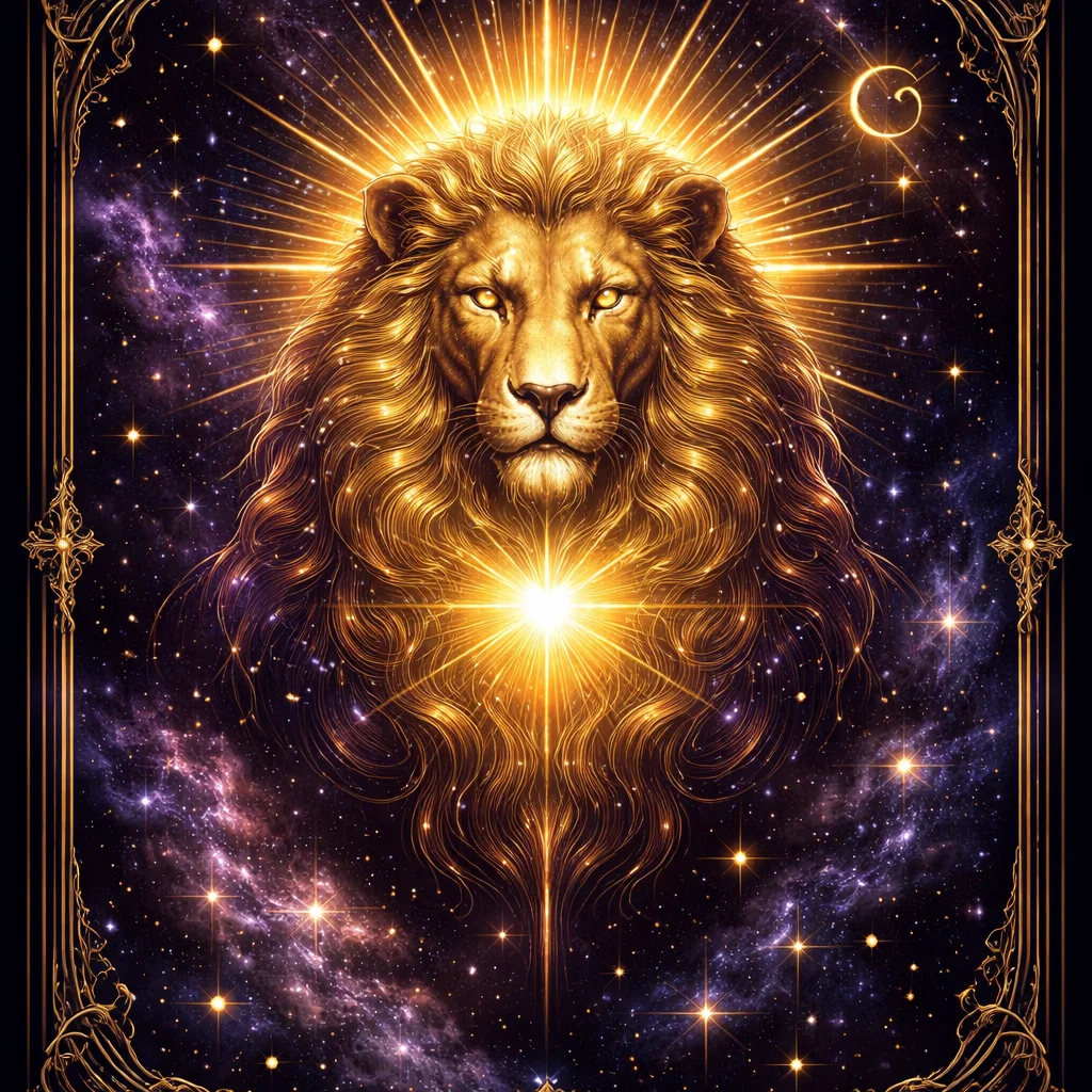 Leo love horoscope card showing a golden lion's head haloed by solar rays around a glowing heart of light