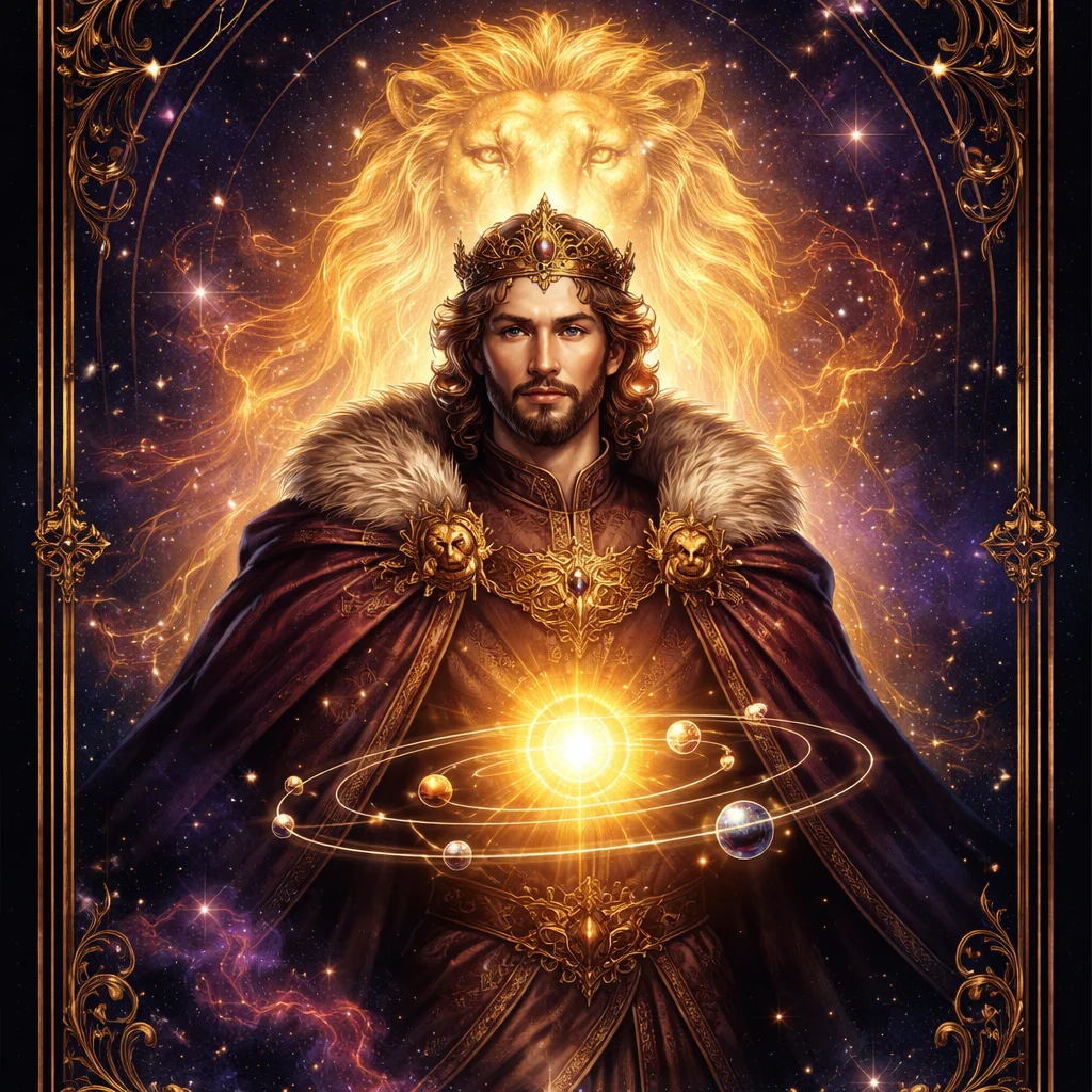 Leo man card illustration: a regal figure with a golden sun and orbit rings, the Leo lion constellation behind him